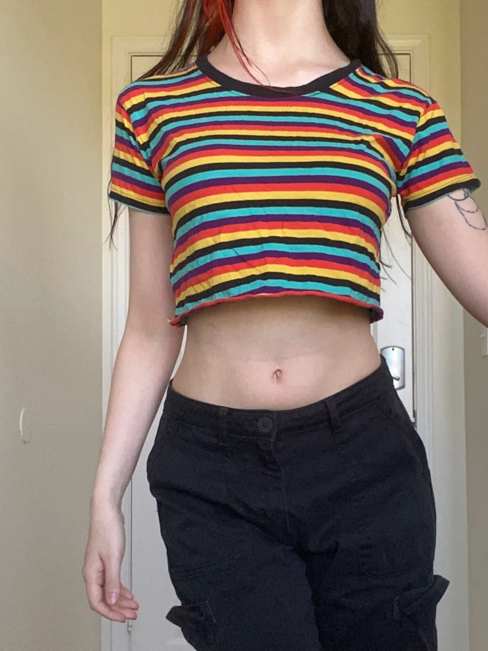 Rue21 Multi-Stripe Cropped Tee - Black Trim